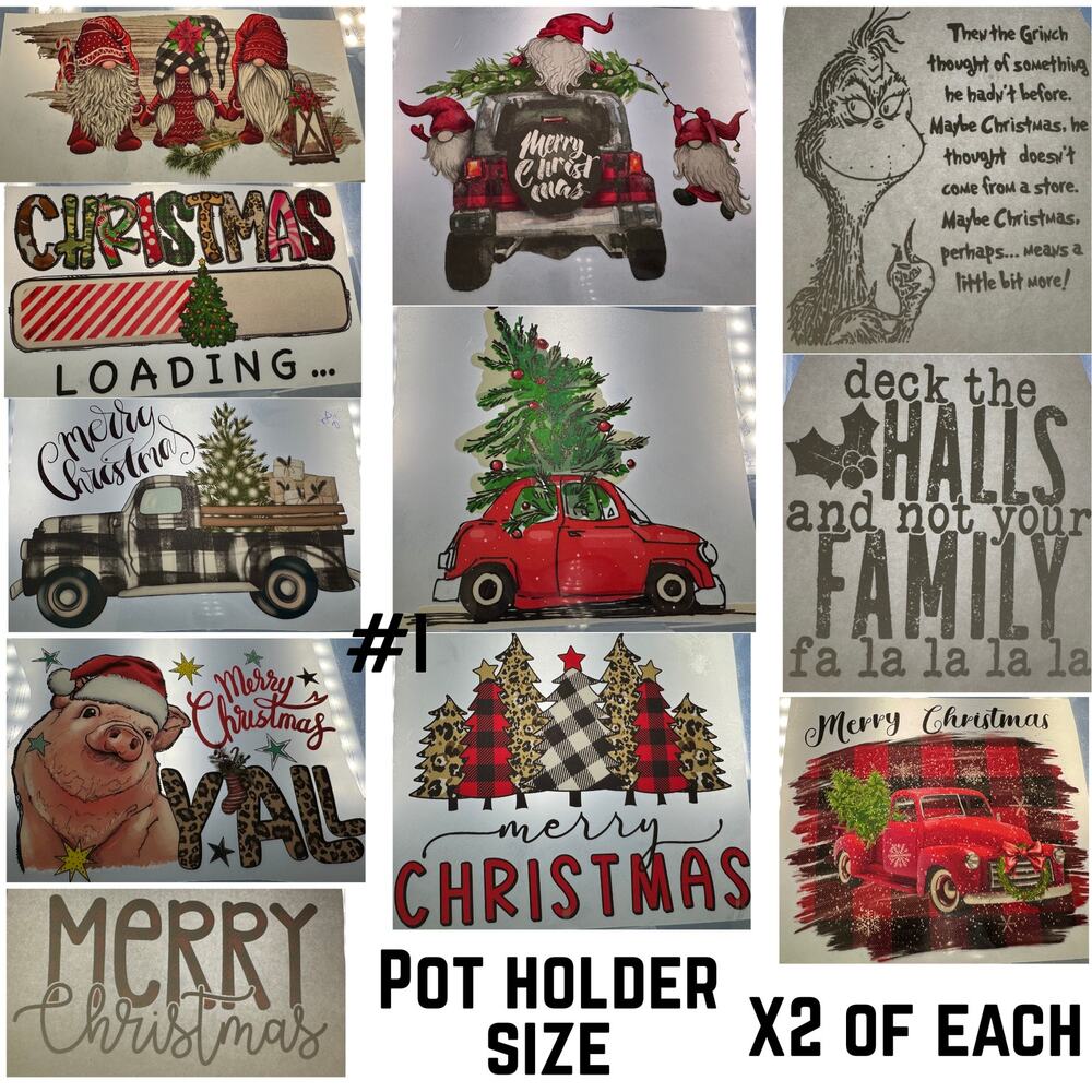 Christmas themed 5" potholder sized DTFs and Screen Print - 22 Prints total